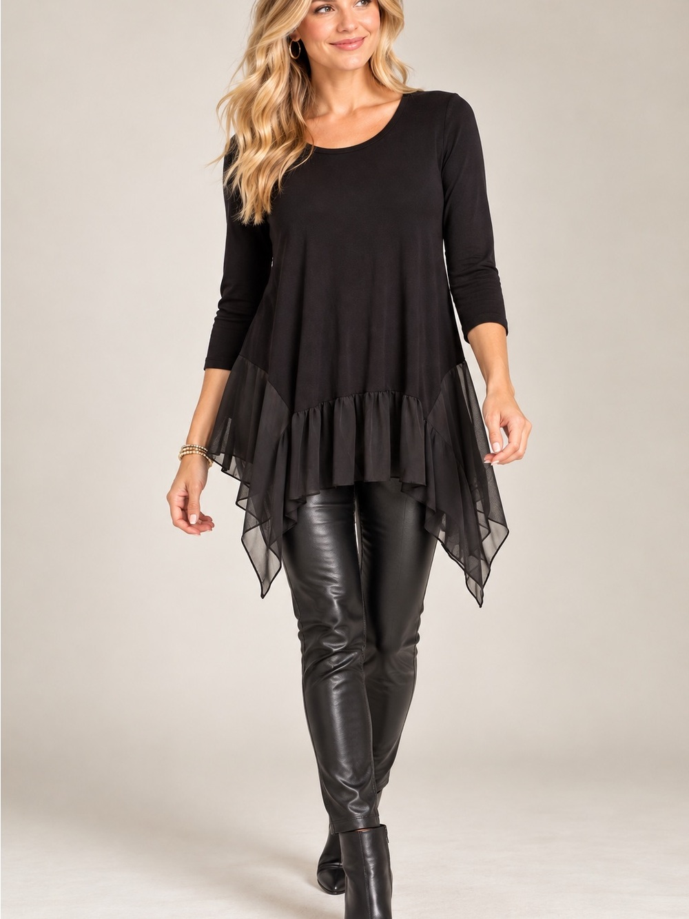 pebble and stone Black Asymmetric Ruffle-Hem Tunic